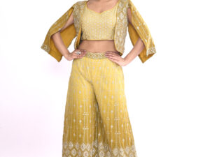 Mustard Yellow Embroidered Crop Top & Palazzo Set with Jacket