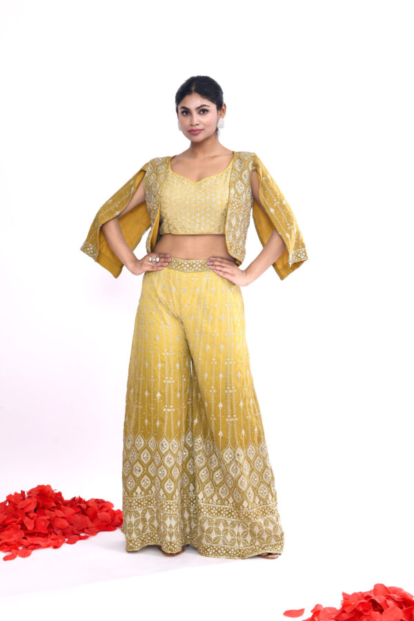 Mustard Yellow Embroidered Crop Top & Palazzo Set with Jacket