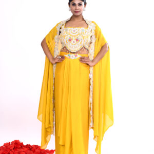 Sunshine Yellow Embroidered Crop Top & Draped Skirt Set with Cape