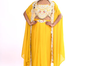 Sunshine Yellow Embroidered Crop Top & Draped Skirt Set with Cape