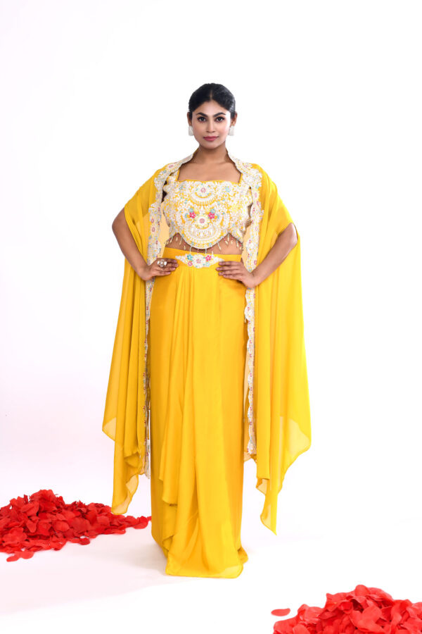 Sunshine Yellow Embroidered Crop Top & Draped Skirt Set with Cape