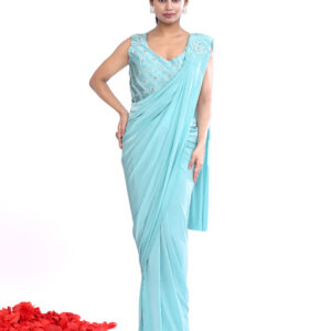 Sky Blue Embellished Pre Draped Saree with Blouse for Women | Elegant Party Ready Saree