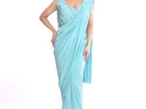 Sky Blue Embellished Pre Draped Saree with Blouse for Women | Elegant Party Ready Saree