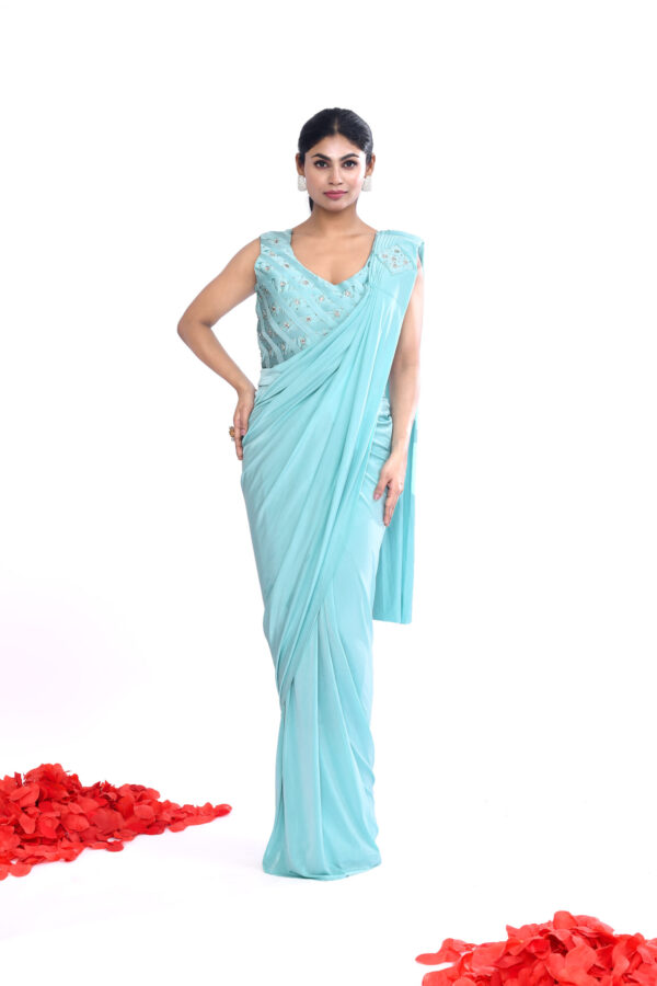 Sky Blue Embellished Pre Draped Saree with Blouse for Women | Elegant Party Ready Saree
