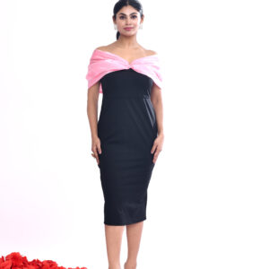 Black Off Shoulder Midi Dress with Pink Organza Wrap for Women | Elegant Party Bodycon Dress