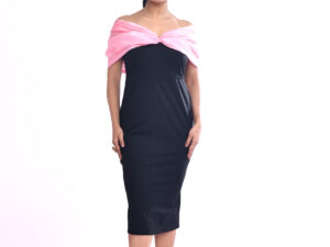Black Off Shoulder Midi Dress with Pink Organza Wrap for Women | Elegant Party Bodycon Dress