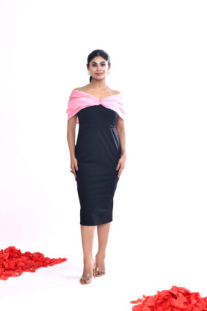 Black Off Shoulder Midi Dress with Pink Organza Wrap for Women | Elegant Party Bodycon Dress