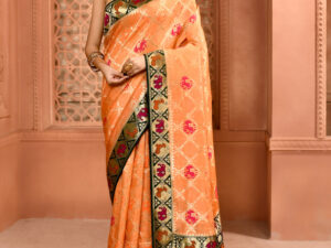 Pestel Orange Khaddi Georgette Bandhej work premium saree
