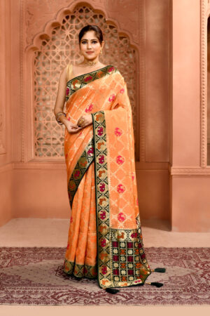 Pestel Orange Khaddi Georgette Bandhej work premium saree