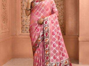 Pestel Pink Khaddi Georgette Bandhej work premium saree