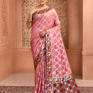 Pestel Pink Khaddi Georgette Bandhej work premium saree