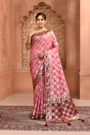 Pestel Pink Khaddi Georgette Bandhej work premium saree