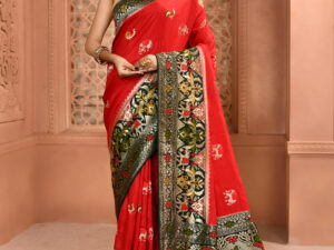 Red & Blue Patola Premium Saree with Elephant Work