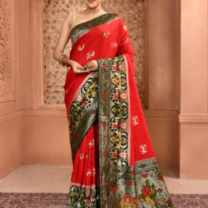 Red & Blue Patola Silk Premium Saree with Elephant Work