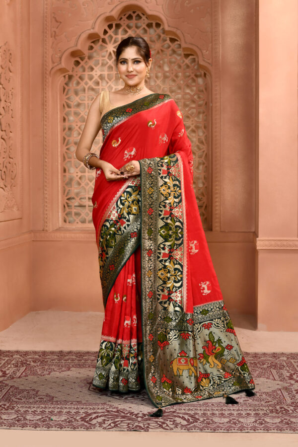 Red & Blue Patola Premium Saree with Elephant Work
