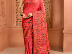 Peach Pink Pashmina Silk Kashmiri Saree with Cutdana Work