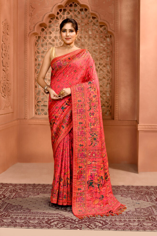 Peach Pink Pashmina Silk Kashmiri Saree with Cutdana Work