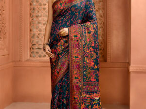 Royal Blue Pashmina Silk Kashmiri Saree with cutdana work