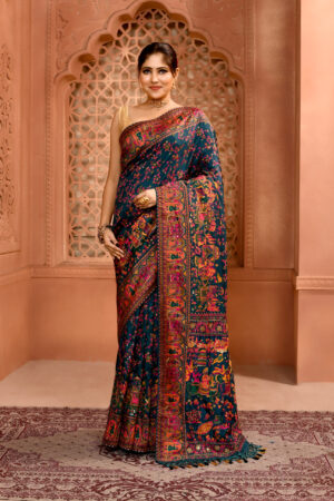 Royal Blue Pashmina Silk Kashmiri Saree with cutdana work
