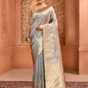 Grey Pure Muga Silk Saree with Open par Design
