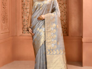 Grey Pure Muga Silk Saree with Open par Design