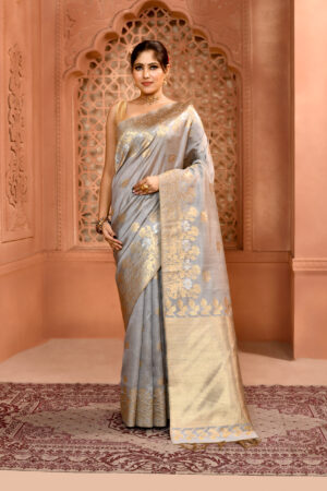 Grey Pure Muga Silk Saree with Open par Design