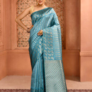 Teal Blue Pure Muga Silk Saree with open par Design