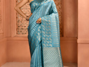 Teal Blue Pure Muga Silk Saree with open par Design
