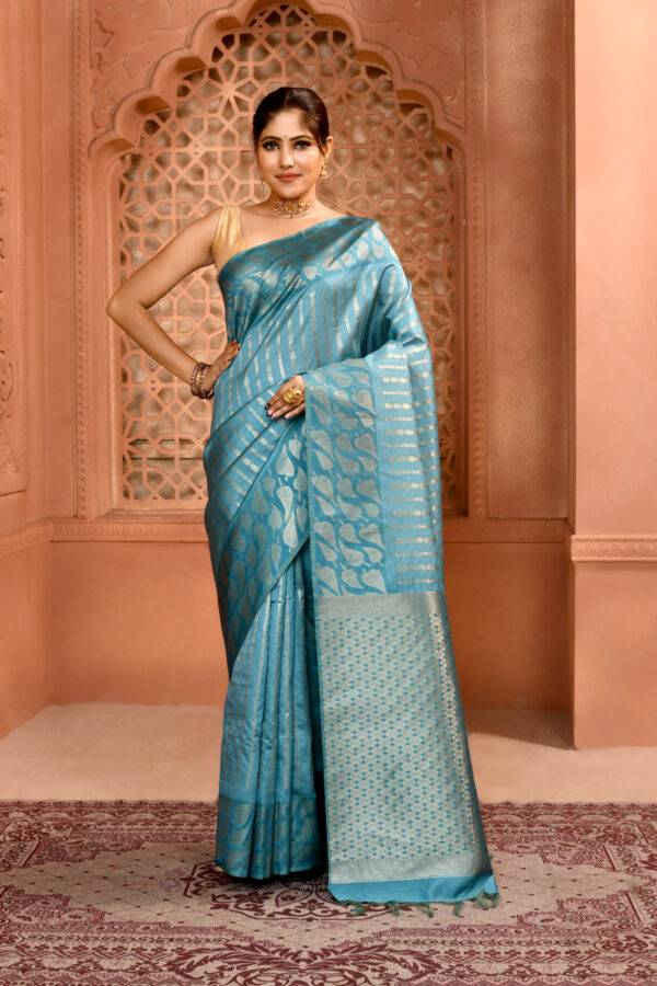 Teal Blue Pure Muga Silk Saree with open par Design