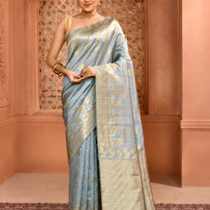 Ice Blue Pure Muga Silk Saree with Open par Design