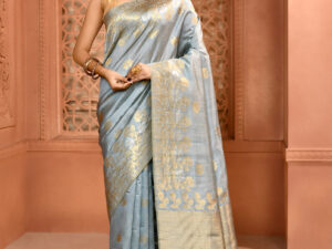 Ice Blue Pure Muga Silk Saree with Open par Design