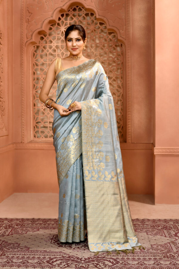 Ice Blue Pure Muga Silk Saree with Open par Design