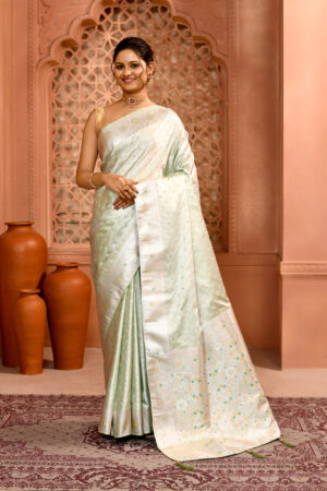 Mint Banarasi Silk Saree With Meenakari Work