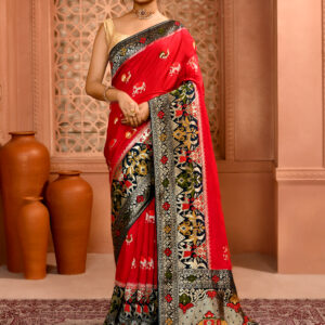 Red & Green Patola Silk Premium Saree with elephant work