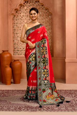 Red & Green Patola Premium Saree with elephant work