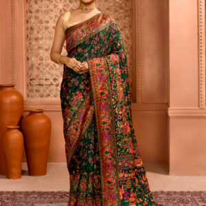 Bottle Green Pashmina Silk Saree with Cutdana work