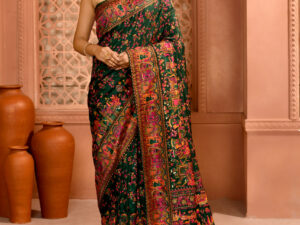Bottle Green Pashmina Silk Kashmiri Saree with Cutdana work