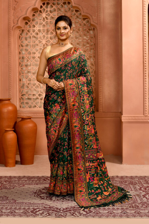 Bottle Green Pashmina Silk Kashmiri Saree with Cutdana work