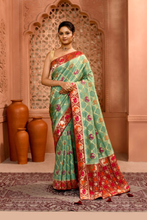 Mint Khaddi Georgette Bandhej work premium saree