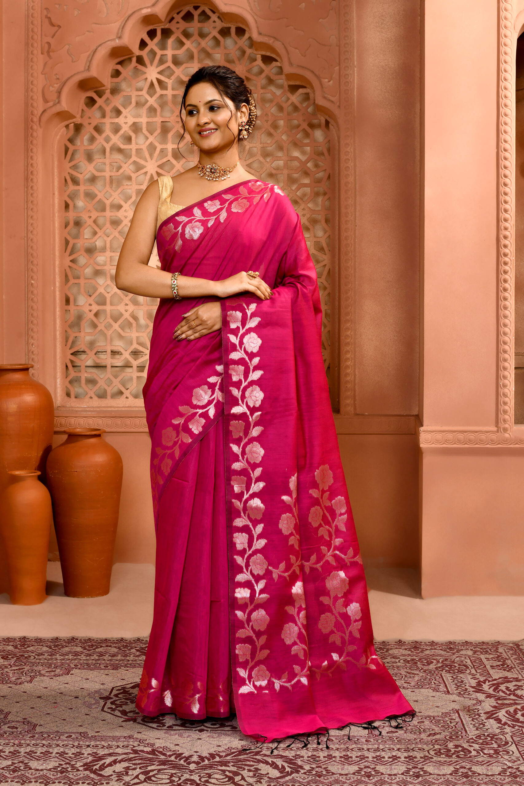 Rani Pink Handloom Open Par Bordar Saree